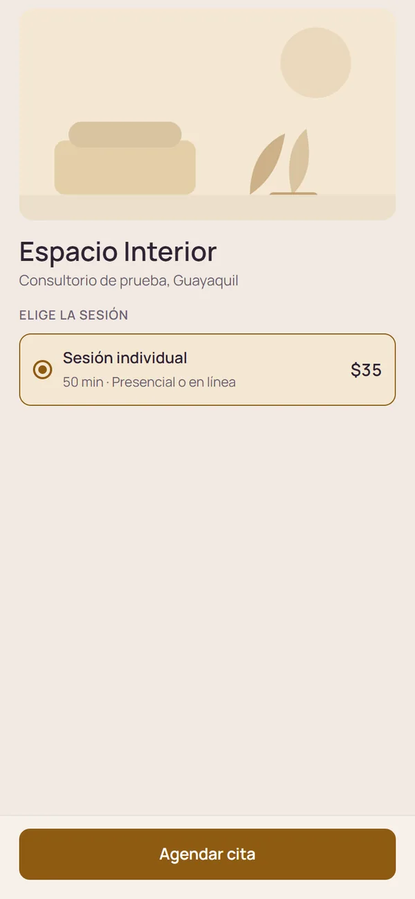 Página de reservas de Espacio Interior, consultorio de práctica: elige la sesión, la hora y confirma.
